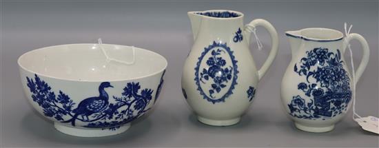 Worcester Birds in Branches pattern slops bowl, a Fence pattern sparrowbeak jug and a similar Fruit and Wreath jug(-)